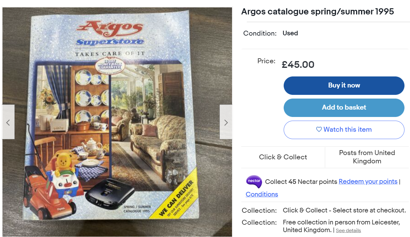 A 1995 Argos catalogue listed on eBay for £45